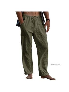 Men's Cotton Linen Pants Casual Loose Fit Summer Beach Pants